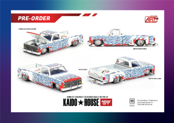 Chevrolet Silverado Dually On Fire V2 – 1/64 Diecast Blanc, Mini GT Kaido House